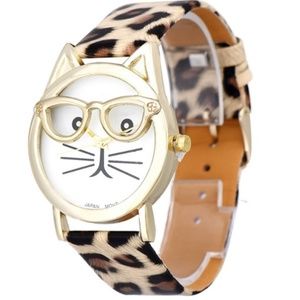 Hipster Cat Watch with Glasses & Leopard Band